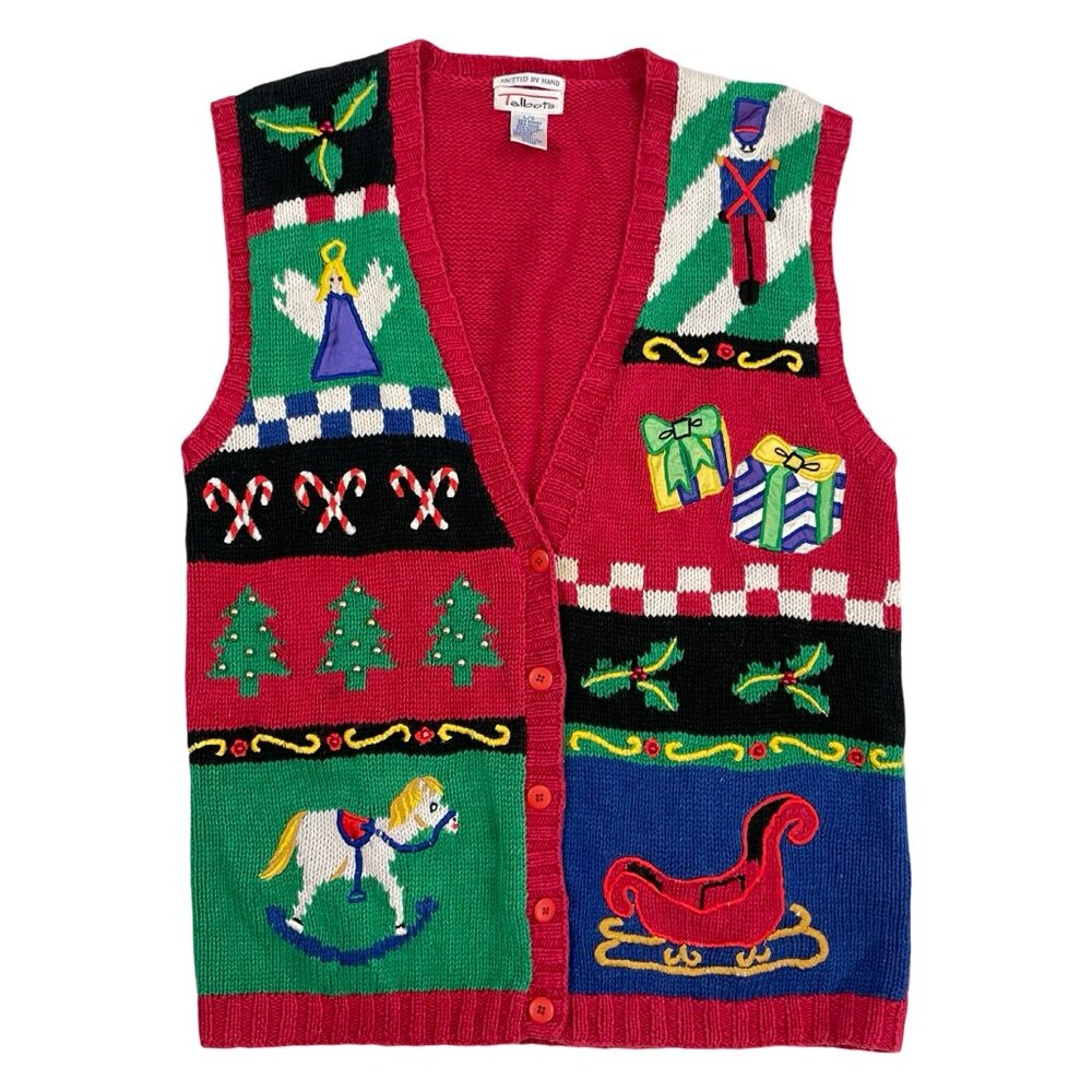 Vintage Winter Holiday Knit Vest Knitted by Hand Talbots Christmas Size Large